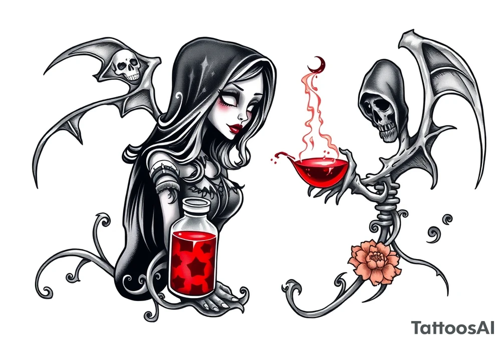 Female grim drinks death potion to get reaper power tattoo idea