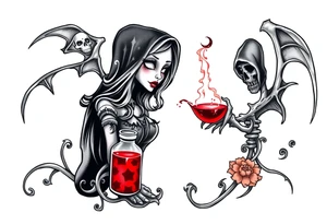 Female grim drinks death potion to get reaper power tattoo idea