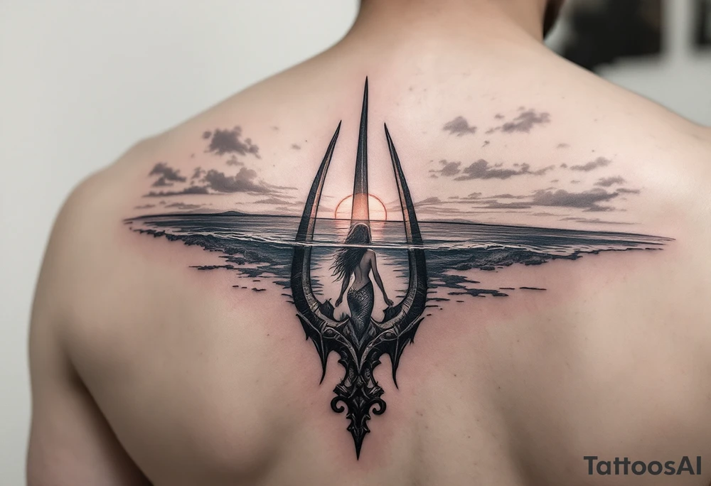 trident half way under calm water with sunset and mermaid tattoo idea