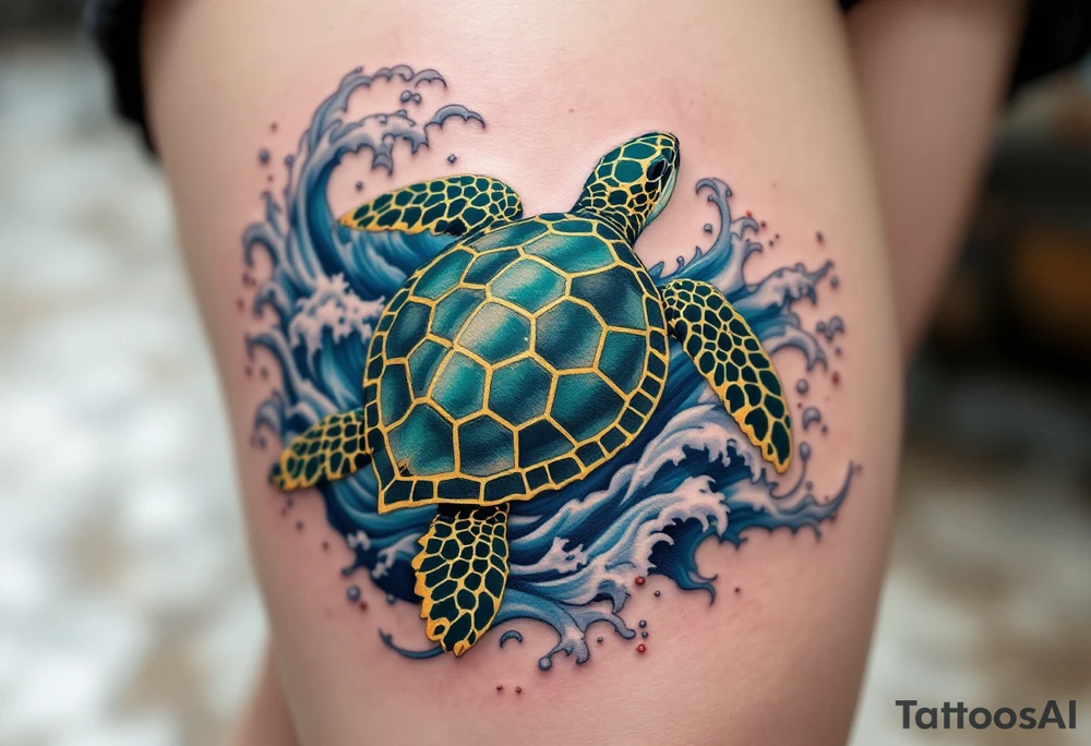 A detailed sea turtle tattoo with a jade-green and deep teal shell patterned with golden hexagons, swimming through swirling blue ocean waves with soft white highlights and tiny coral-red accents. tattoo idea