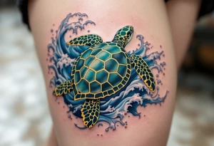 A detailed sea turtle tattoo with a jade-green and deep teal shell patterned with golden hexagons, swimming through swirling blue ocean waves with soft white highlights and tiny coral-red accents. tattoo idea