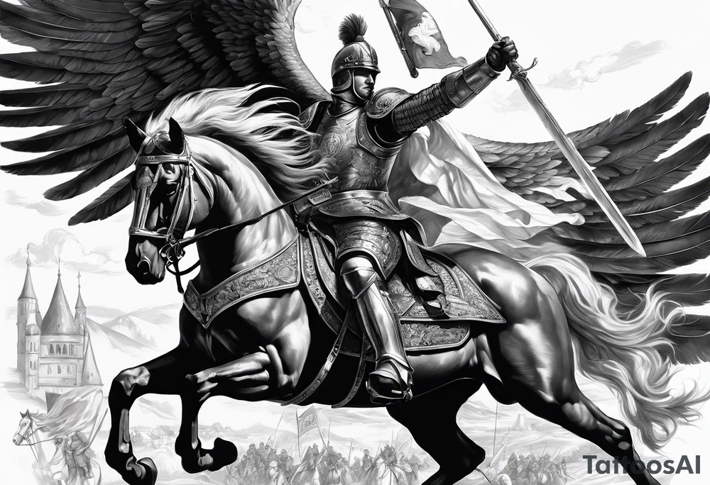 **Main Theme**: A Hussar on horseback in full armor, dynamically portrayed in the middle of a charge. The Hussar's wings are clearly visible, adding dynamics to the composition.
   - Archangel Michael positioned in the background, with a raised sword ready for battle, armed with a shield.
   - The Hussar is holding a banner showcasing the White Eagle.
   - Elements of the Arch tattoo idea
