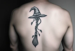 Which is broom with a witches hat with vines and feathers on your leg 
Smaller broom with hat placed on top or in the middle tattoo idea