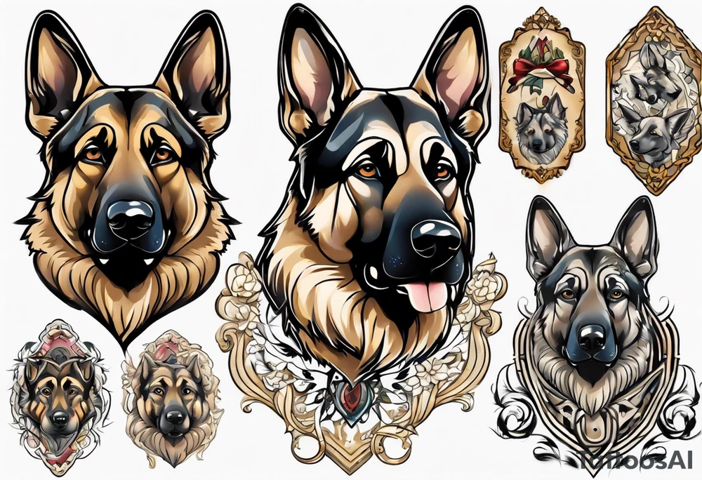 German Shepherd in fancy frame tattoo idea