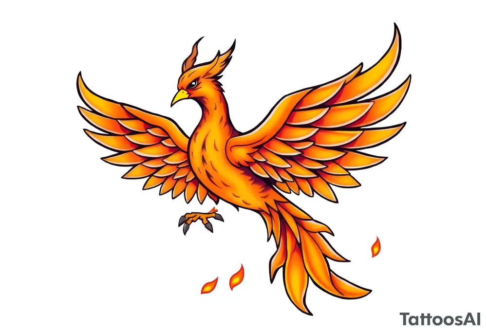 magnificent phoenix rising from golden flames with trailing embers tattoo idea