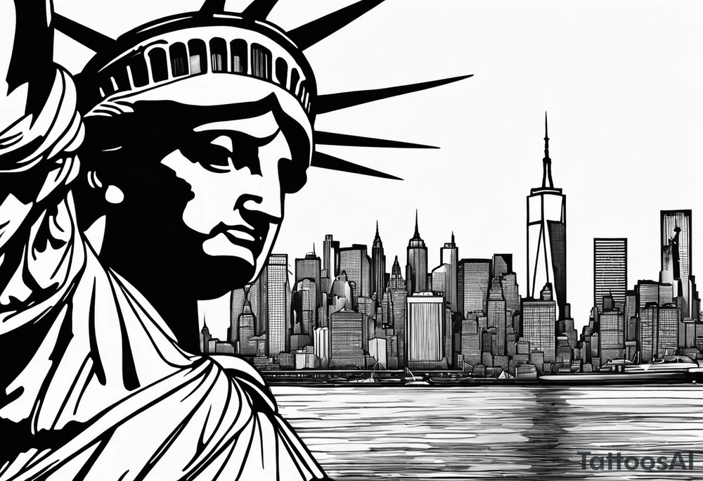 New york city skyline with Statute of liberty head in the background. White outline around head. Below the skyline in grafitti style text "NO QUIT" in the negative white space with shading around it. Put ice skatng marks through the text and throughout the image tattoo idea
