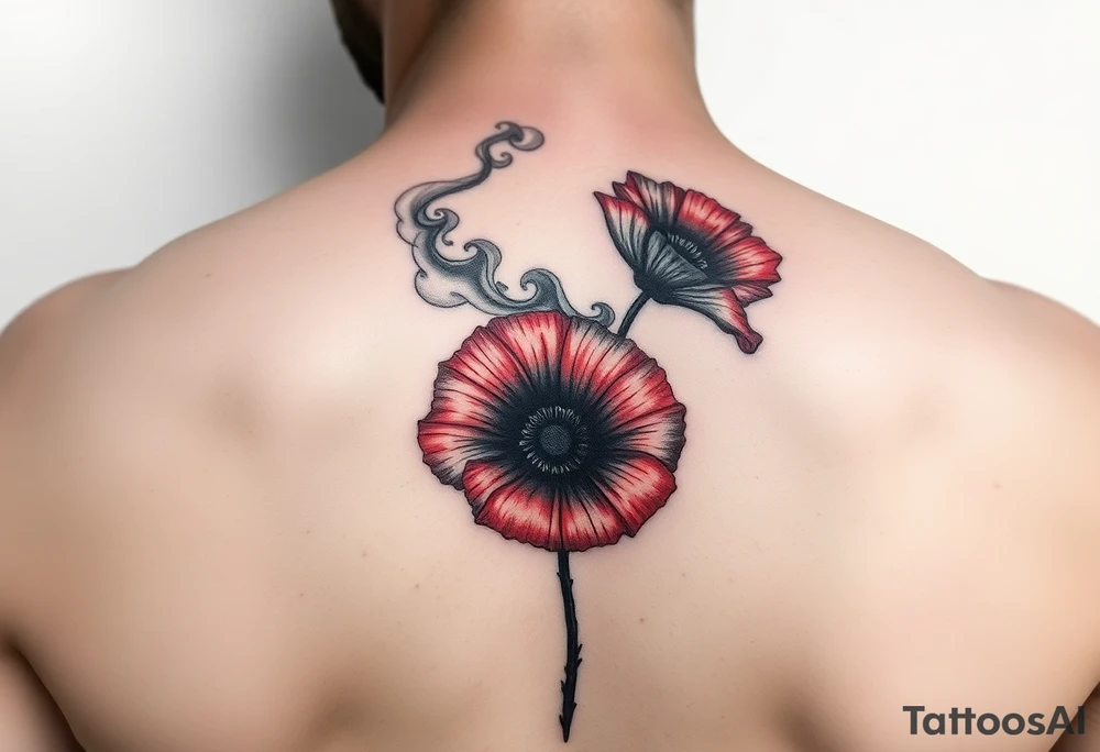 Big army inspired loss of friends 2 red poppy’s, and smoke tattoo idea