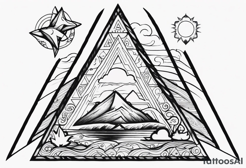 Air element triangle with a father in in.
Water element triangle with a starfish
Fair element triangle with a logs and fire
Earth element triangle with muchrooms tattoo idea