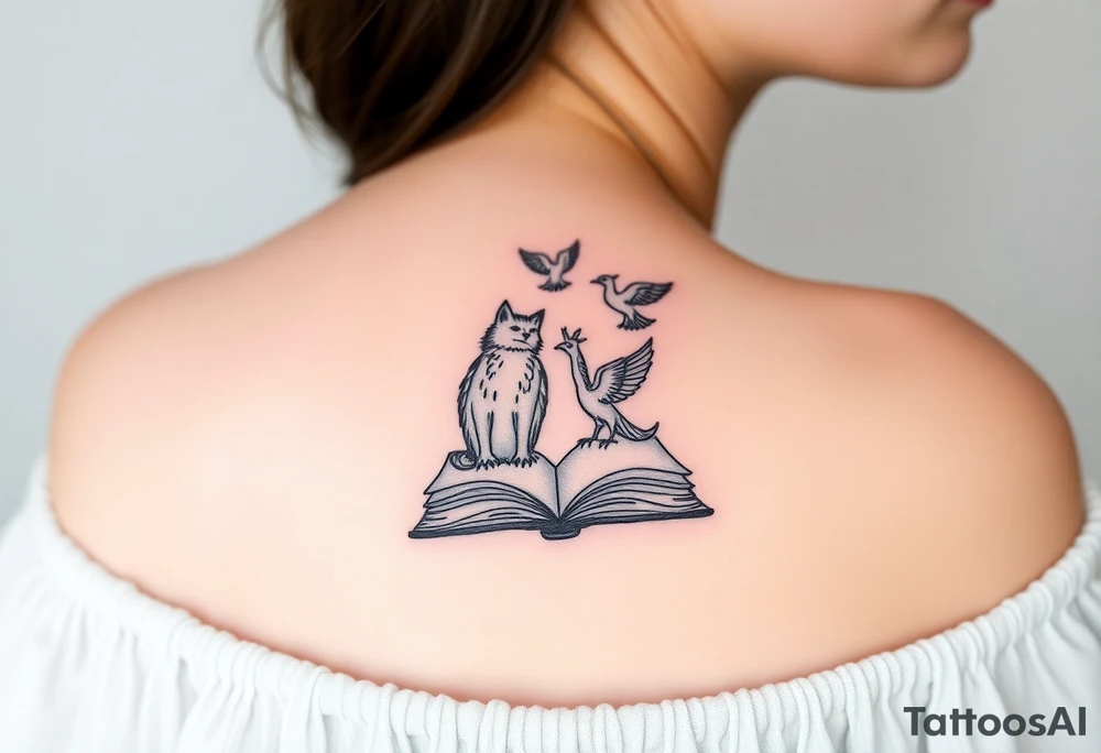 An open book with silhouettes of a werewolf, owl, dragon & phoenix above it tattoo idea