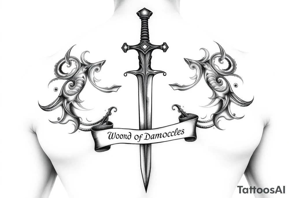 Please generate a tattoo style as close to reality as possible.

The sword should cover my back from top to bottom, passing over the spine with great relief and detail, surrounded by a lengthwise scroll written in fine italic lettering “Sword of Damocles”. tattoo idea