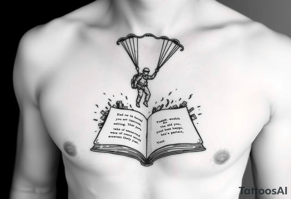 A parachuting soldier landing into an open book. Chaos surrounding, but the book is protecting the soldier from it. On the chest. book contains a quote. Make it smaller. tattoo idea