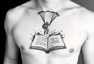 A parachuting soldier landing into an open book. Chaos surrounding, but the book is protecting the soldier from it. On the chest. book contains a quote. Make it smaller. tattoo idea
