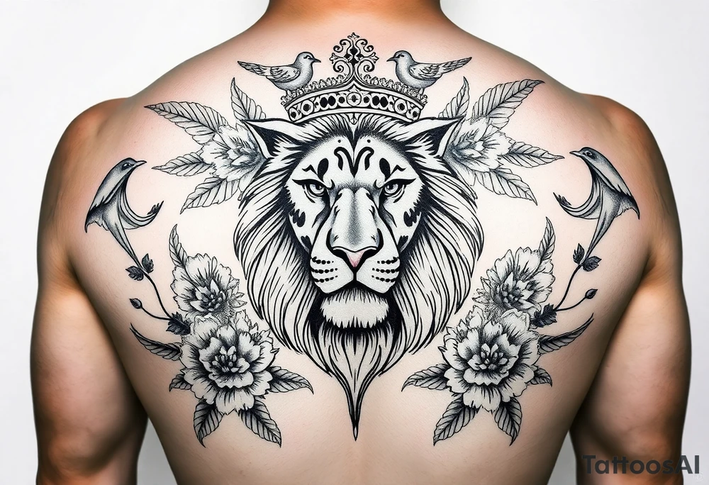 powerful majestic lion with a crown, surrounded by floral ornaments and birds tattoo idea