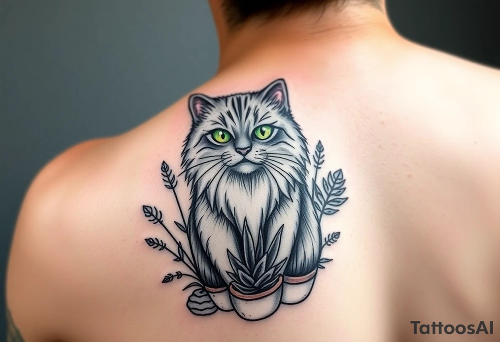 6x6 Minimalist cartoon style tattoo for back of thigh of along haired grey cat with green eyes surrounded by house plants tattoo idea