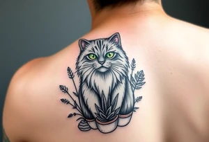 6x6 Minimalist cartoon style tattoo for back of thigh of along haired grey cat with green eyes surrounded by house plants tattoo idea