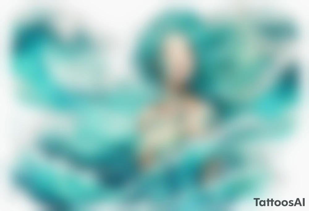 a woman made out of water emerging from the sea, turquoise hair tattoo idea