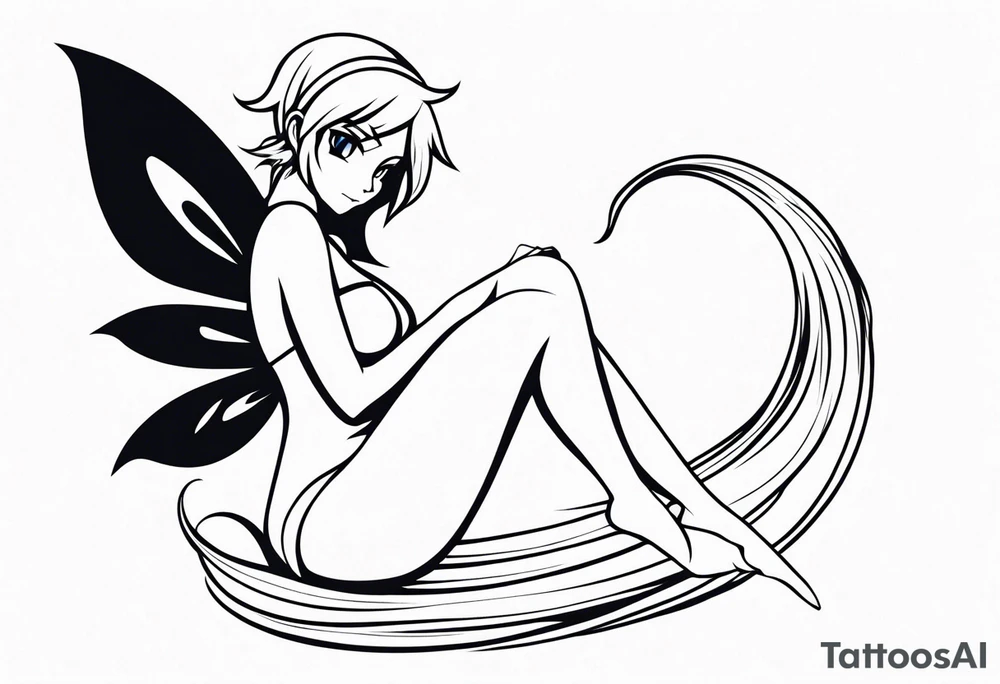 A fairy with a tail inspired by the logo of the show called Fairy Tail in a fetal position leaning in tattoo idea