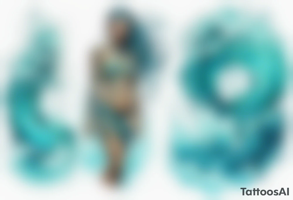 a turquoise Na'vi woman standing in the sea surrounded by crashing waves tattoo idea