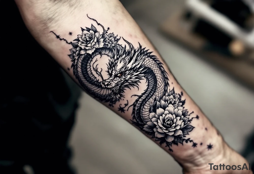 dragon with flowers tattoo idea