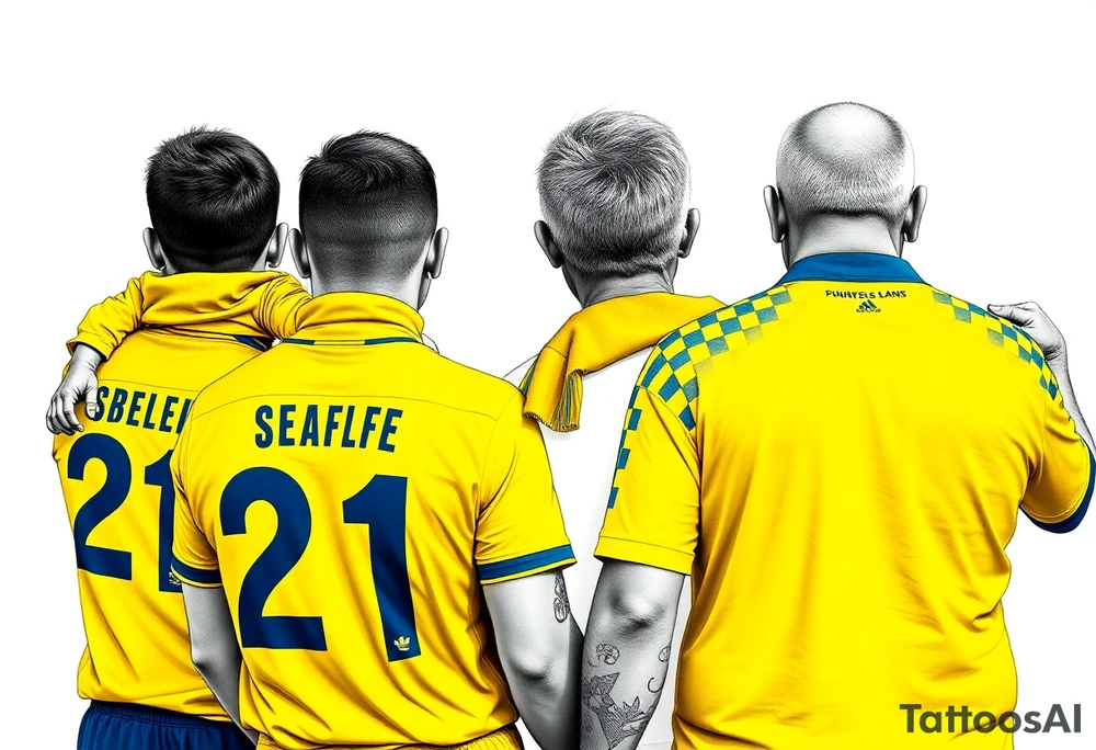 4 soccer fans from their backs, wearing yellow blue shirts. the second one from left having a kid on his shoulders and he's wearing the number 21 on his shirt. 
the kid is rising a scarf.
the right one is older, more fat and shorter and wearing an shirt with the number 7 on it and has on his shoulders line like adidas
the left on has a yellow-blue Checkered on his shirt and he's holding a yellow-blue scarf in his right hand
make some space between the men tattoo idea
