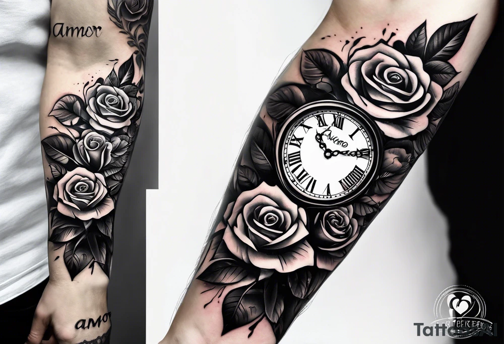 Clock with roses on shoulder/bicep going into roses with the word amor on forearm tattoo idea