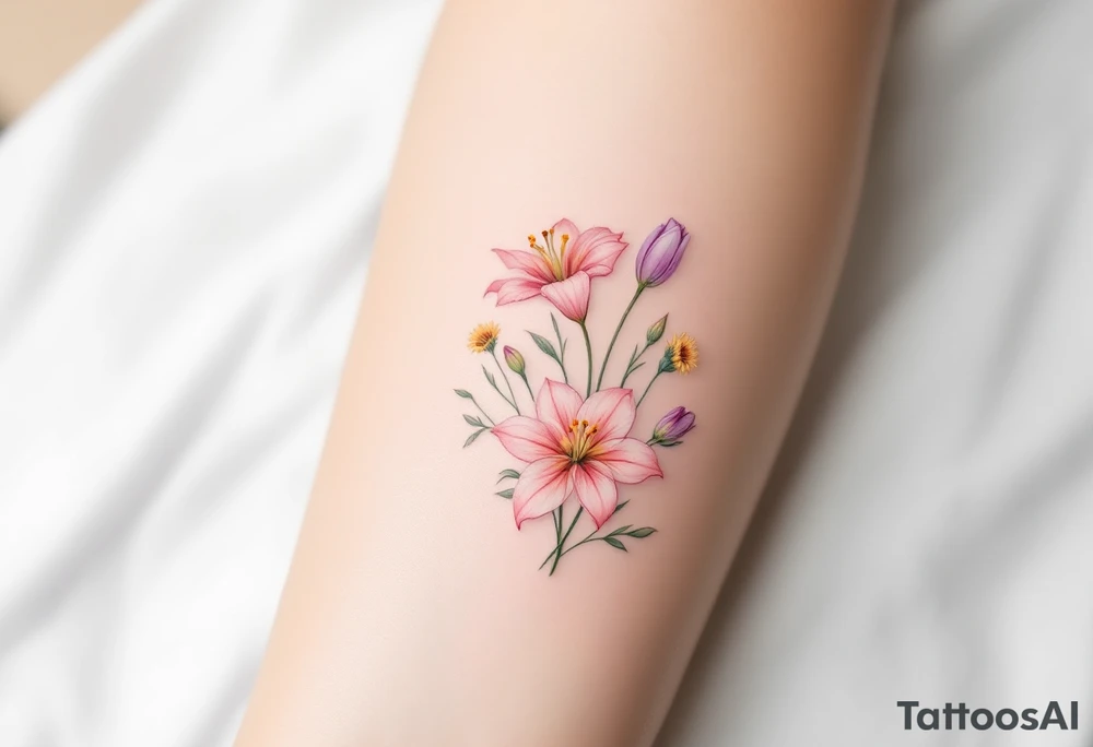 Dainty Stargazer lillies pale pink with small yellow sunflowers and pale purple tulip buds in a dainty wildflower bouquet with light green stems tattoo idea