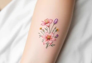 Dainty Stargazer lillies pale pink with small yellow sunflowers and pale purple tulip buds in a dainty wildflower bouquet with light green stems tattoo idea