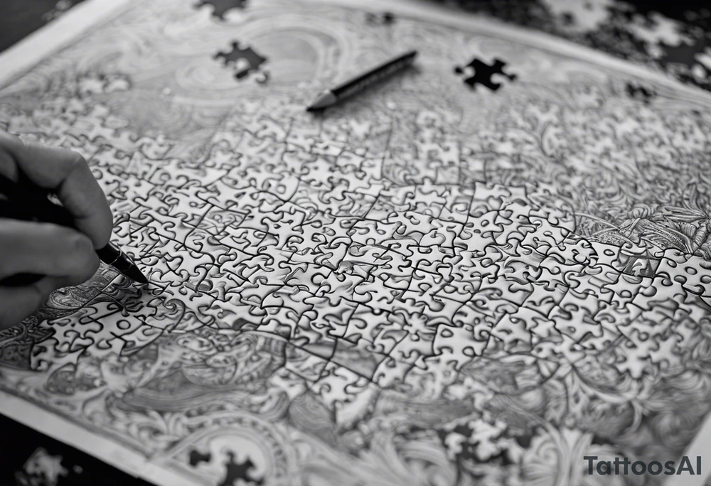 Make a forearm tattoo of 12 medium sized puzzle pieces On dark skin. Make it where the background of each puzzle piece is a sketch of the 12 disciple in the Bible, but make Jesus Christ the primary focus. Make them all look middle eastern. I want one piece to be disconnected and let that piece be a sketch of Judas Iscariot. Use a realistic texture tattoo idea
