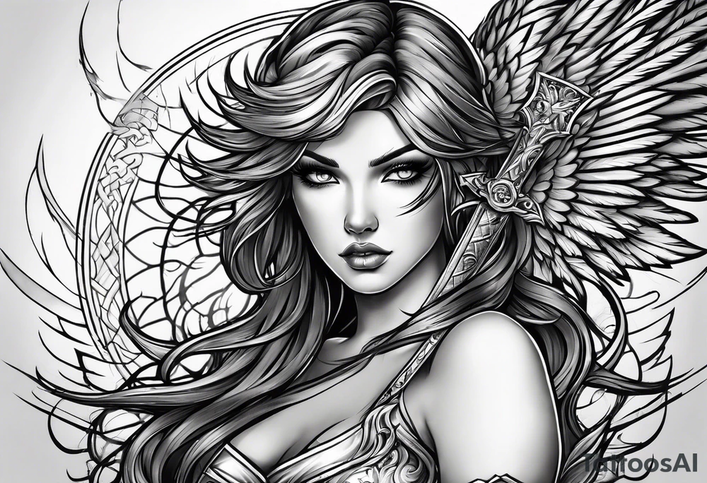 Female angel with sword lightning and lightning eyes tattoo idea