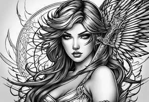Female angel with sword lightning and lightning eyes tattoo idea