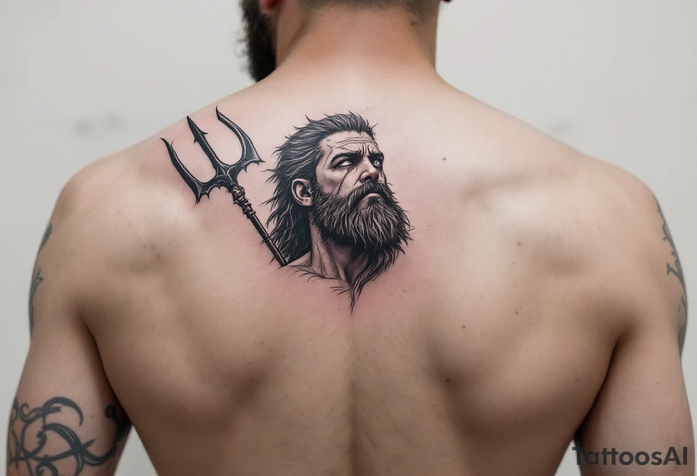 crying poseidon, behind a trident, looking at the sky tattoo idea