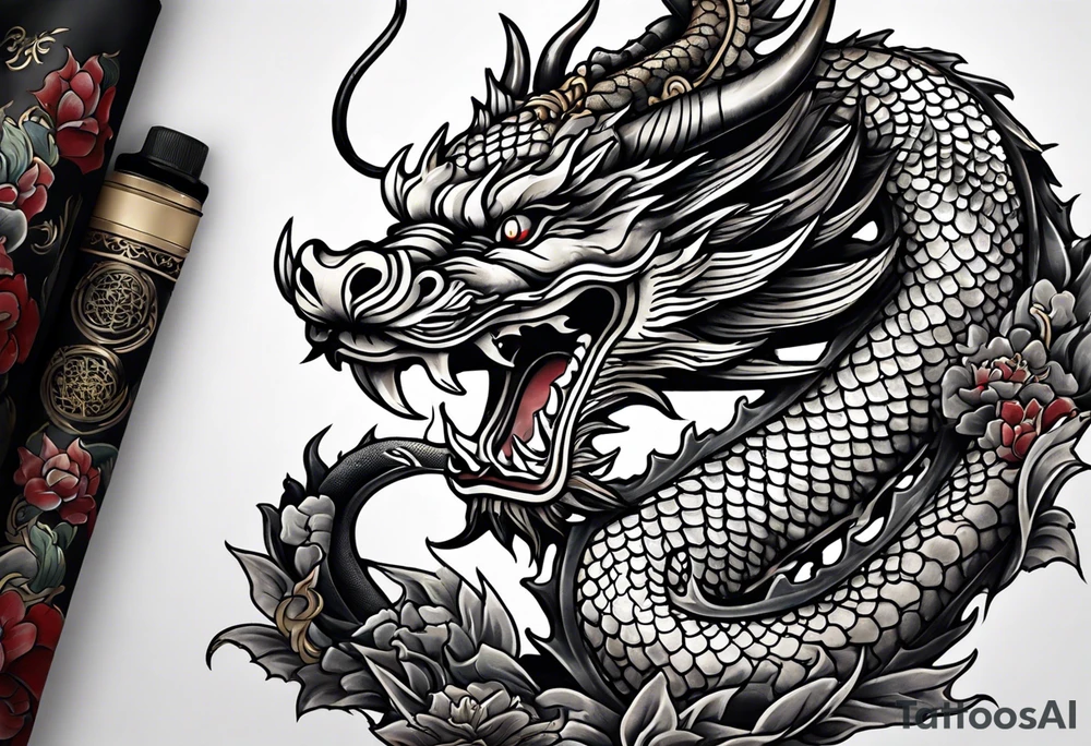 Create a detailed tattoo of Asian dragon wrapping around an anchor centered on taeguk. tattoo idea