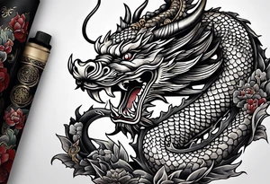 Create a detailed tattoo of Asian dragon wrapping around an anchor centered on taeguk. tattoo idea