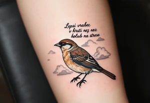 "Lepsi vrabec v hrsti nez holub na strese." — A realistic sparrow shaded in warm browns perched on a hand, with soft gray clouds and the quote curved above in black ink. tattoo idea