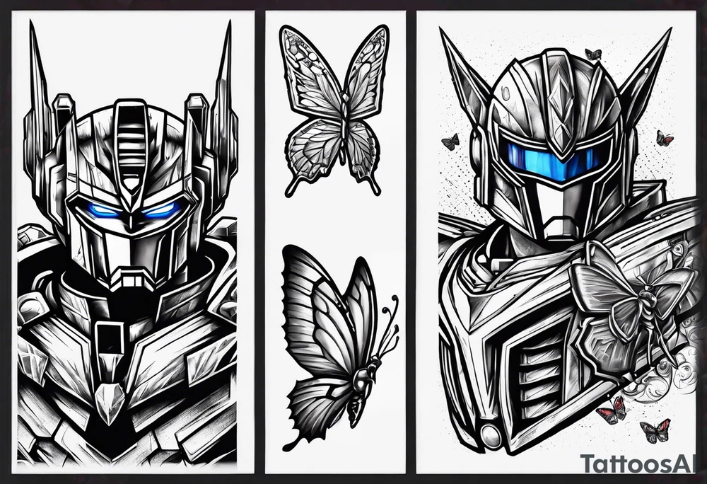 Optimus prime holding Sonic, a butterfly, Pablo from backyardigans, and a multi colered power ranger tattoo idea