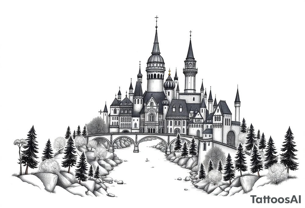 Magical fairytale city with river and bridge tattoo idea