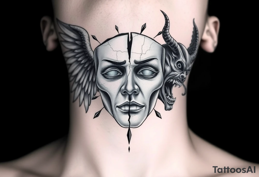 Realistic black and grey neck tattoo design. In the center of the throat, a human mask made of cracked stone or porcelain with natural facial features. The mask is breaking apart from the pressure of both sides — a screaming angel on the left and a screaming demon on the right. From the cracks on the angel’s side, soft white and blue light emerges; from the demon’s side, dark smoke and shadow flow out. The mask’s fragments slightly detach, revealing inner light and darkness mixing at the center. Highly detailed realism with strong contrast, fine shading, emotional and symbolic atmosphere, representing the true self shattered by the inner battle between good and evil. tattoo idea