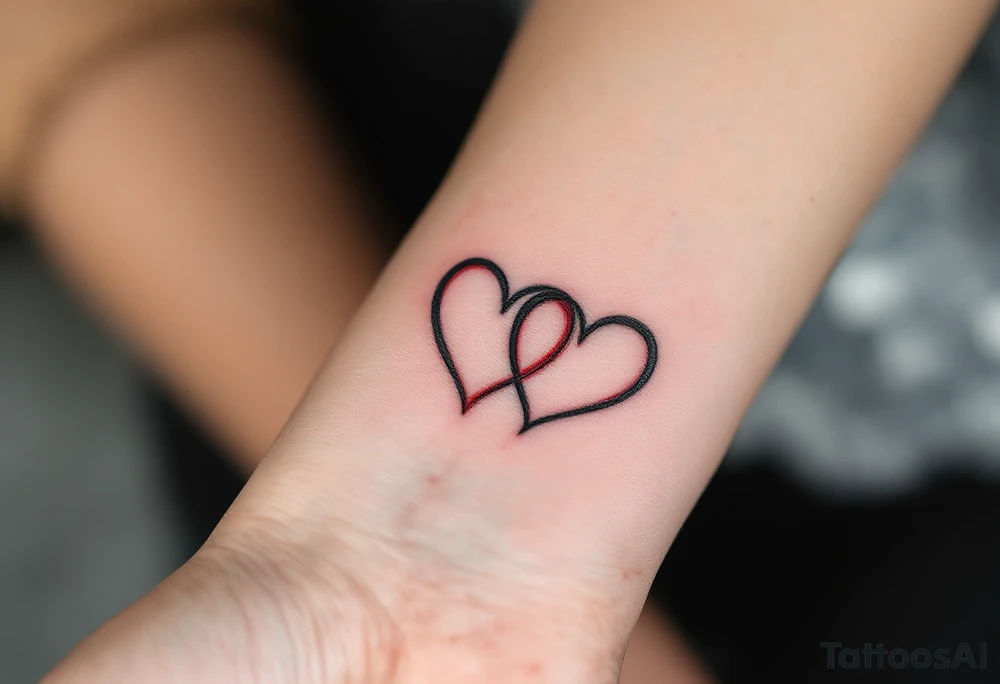 Two half-heart tattoos in black with red tips that form a full heart when partners shoulders are side by side tattoo idea