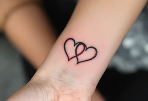 Two half-heart tattoos in black with red tips that form a full heart when partners shoulders are side by side tattoo idea