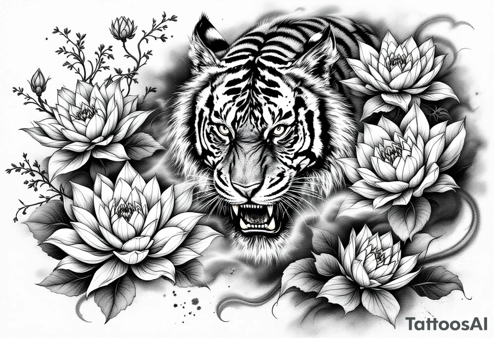 fierce tiger emerging through blooming lotus flowers in mist tattoo idea