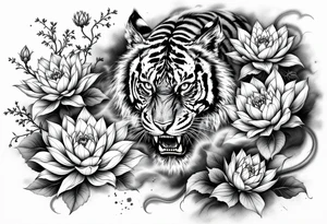 fierce tiger emerging through blooming lotus flowers in mist tattoo idea