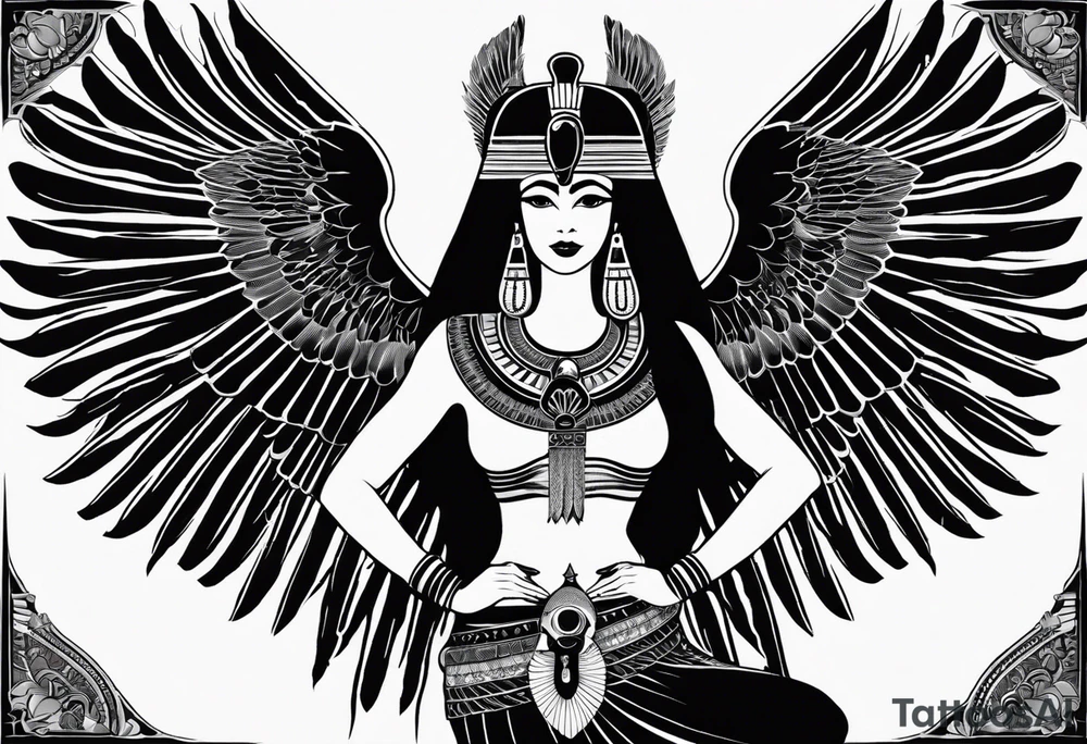 black and white Egyptian goddess Isis, who is often depicted as a woman with outstretched wings, holding an ankh (a symbol of life) in one hand and a lotus flower in the other. Her headdress often includes a throne or a solar disk. The tattoo design can vary in style and size, but it typically aims to capture the essence of this revered Egyptian deity, emphasizing her beauty, power, and maternal qualities. The choice of colors and additional elements can also be customized to create a unique and visually striking representation of the goddess Isis tattoo idea