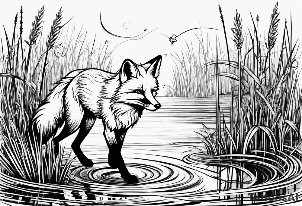 Fox jumping in swamp reeds Russian tattoo idea