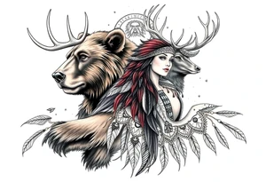 Indigenous, Majestic, and Powerful male Goliath Grizzly Bear and Elk. Both guarding an Indigenous, Majestic, and Powerful Raven haired Warrior Squaw surrounded by The Great Spirits in the sky tattoo idea