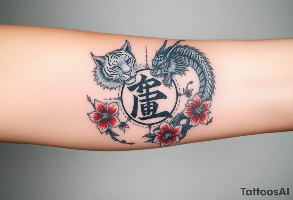 Fierce tiger and dragon surrounding Japanese symbol for “love” while being surrounded with red spider lily’s and smoke tattoo idea