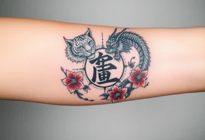 Fierce tiger and dragon surrounding Japanese symbol for “love” while being surrounded with red spider lily’s and smoke tattoo idea