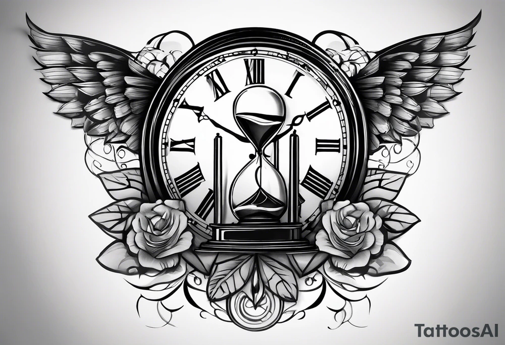 Draw me a tattoo located on the shoulder and upper arm of a man. The tattoo represents a clock in an hourglass with Roman numerals in the background. It is a symbol of the passing of time. tattoo idea