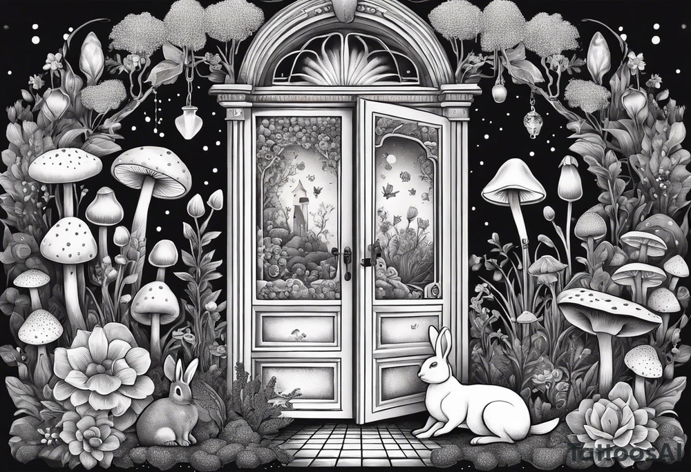 Mystical garden with door and potions and a rabbit and flowers and mushrooms tattoo idea