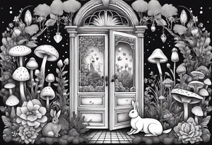 Mystical garden with door and potions and a rabbit and flowers and mushrooms tattoo idea