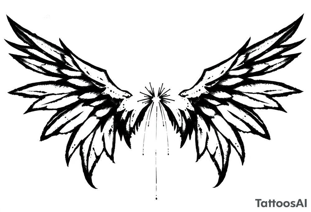 This tattoo design features a pair of stylized wings drawn in black ink with a sketch-like, abstract aesthetic. The wings are composed of sharp, angular feathers with jagged edges, giving them a rough, almost tribal or gothic appearance. The shading is done with a mix of soft gradients and stippling, adding depth and texture to the design. The center where the wings meet is fragmented, with thin lines extending downward, creating a sense of movement and raw energy. This design would make for a bold and edgy tattoo, symbolizing freedom, strength, or a rebellious spirit. tattoo idea